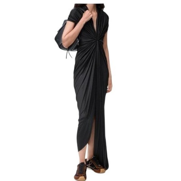Sabora Dresses & Skirts - Sabora Maxi Dress Womens M Black Twist Front Deep V Neck Asymmetrical Draped